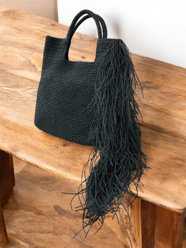 Black Woven Tote with Long Fringe - Image 2