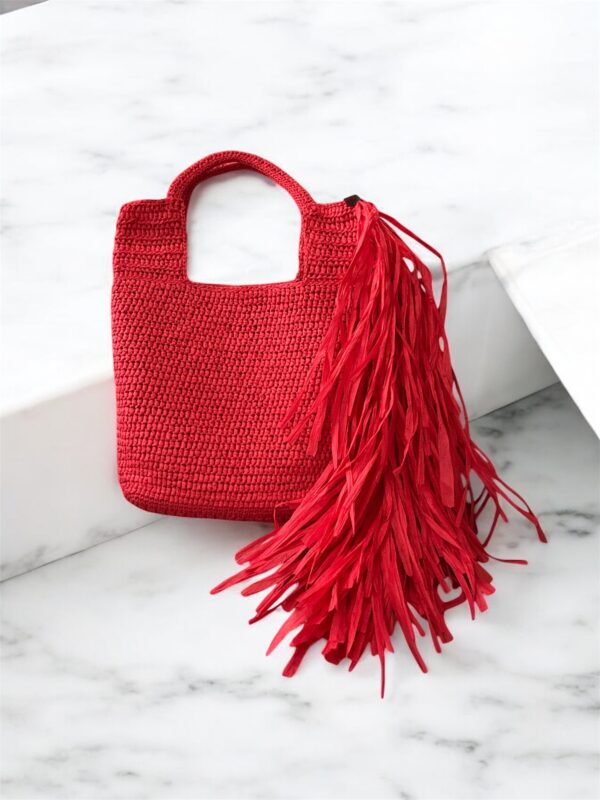 Red Knit Tote with Long Fringe