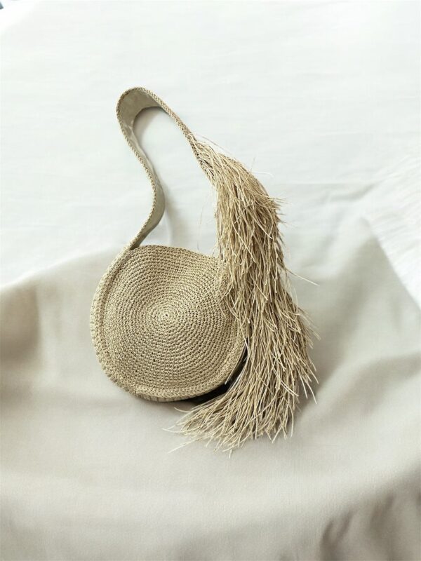 Circular Woven Shoulder Bag with Fringe