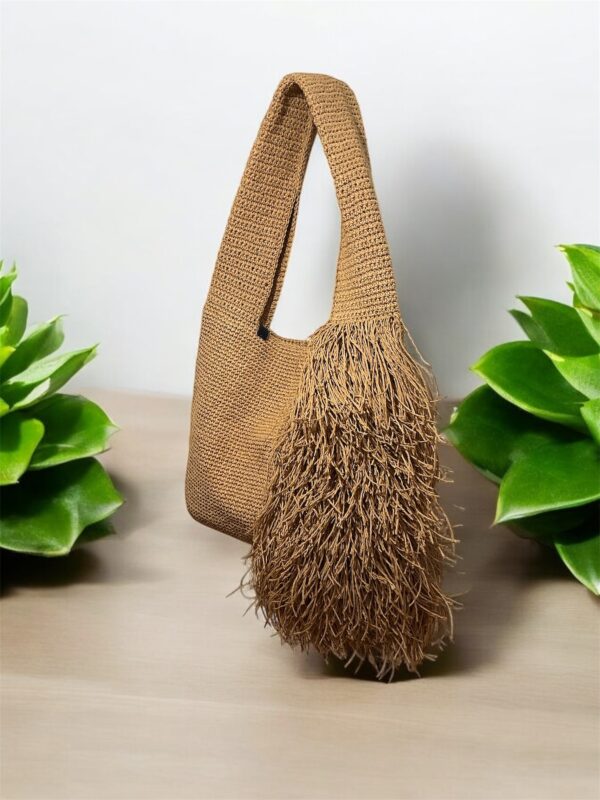 Tan Crochet Shoulder Bag with Fringe