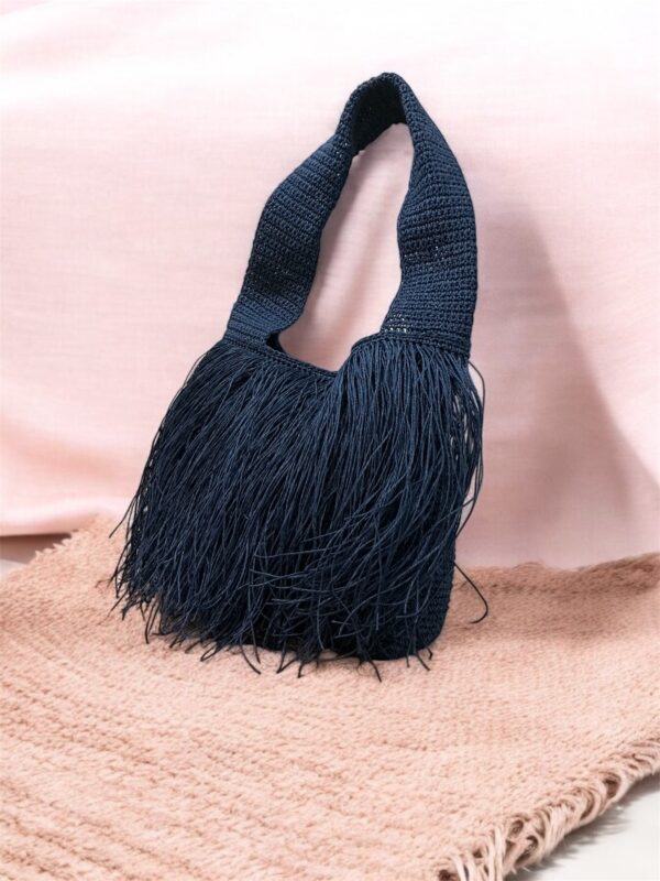 Navy Crochet Shoulder Bag with Fringe