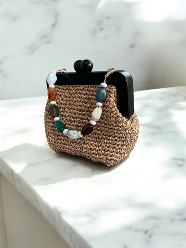 Woven Kisslock Clutch with Beaded Handle