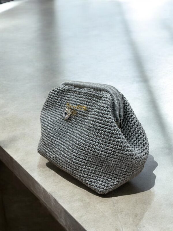 Metallic Silver Crochet Clutch Bag