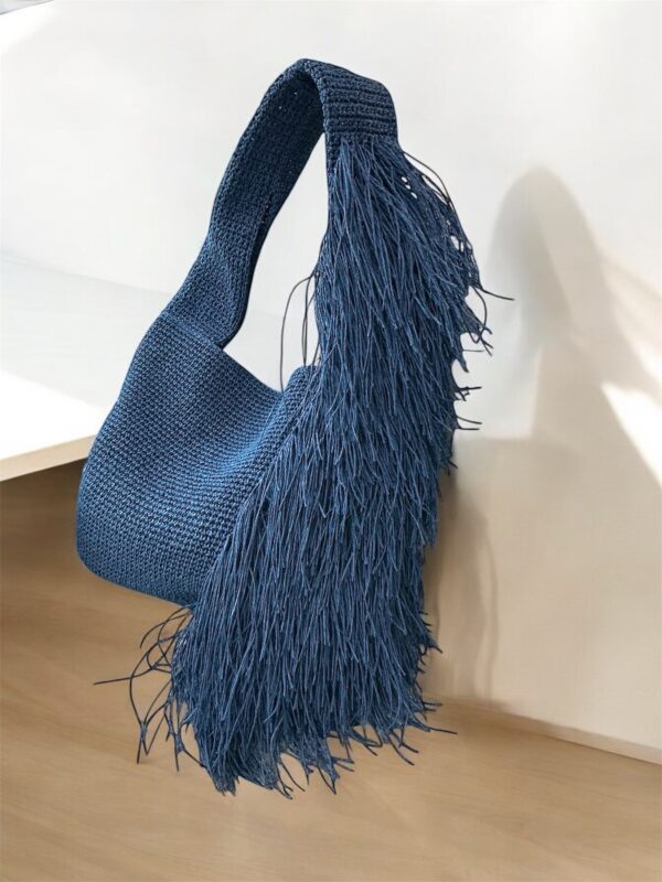 Blue Crochet Shoulder Bag with Fringe