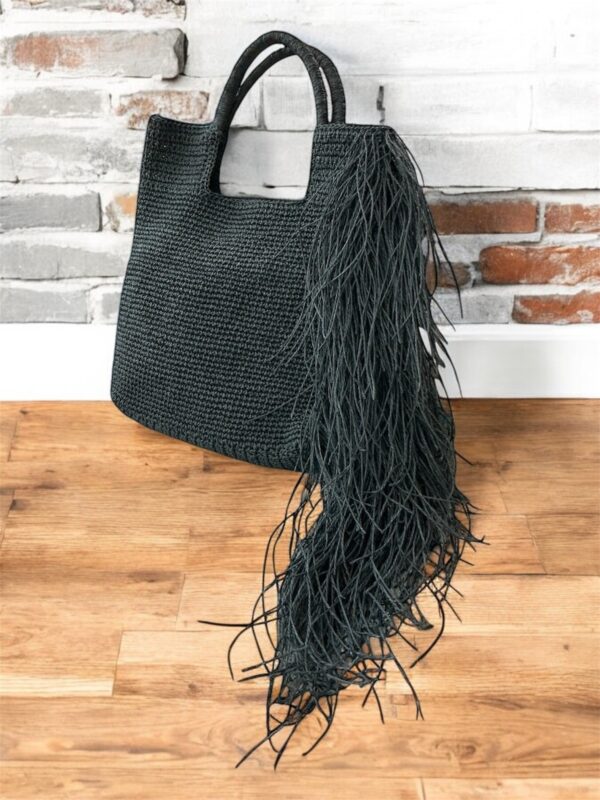 Black Woven Tote with Long Fringe